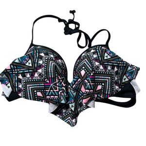 Rue Bleu Flounce Halter Bikini Top  Geo Print Push Up Size XL